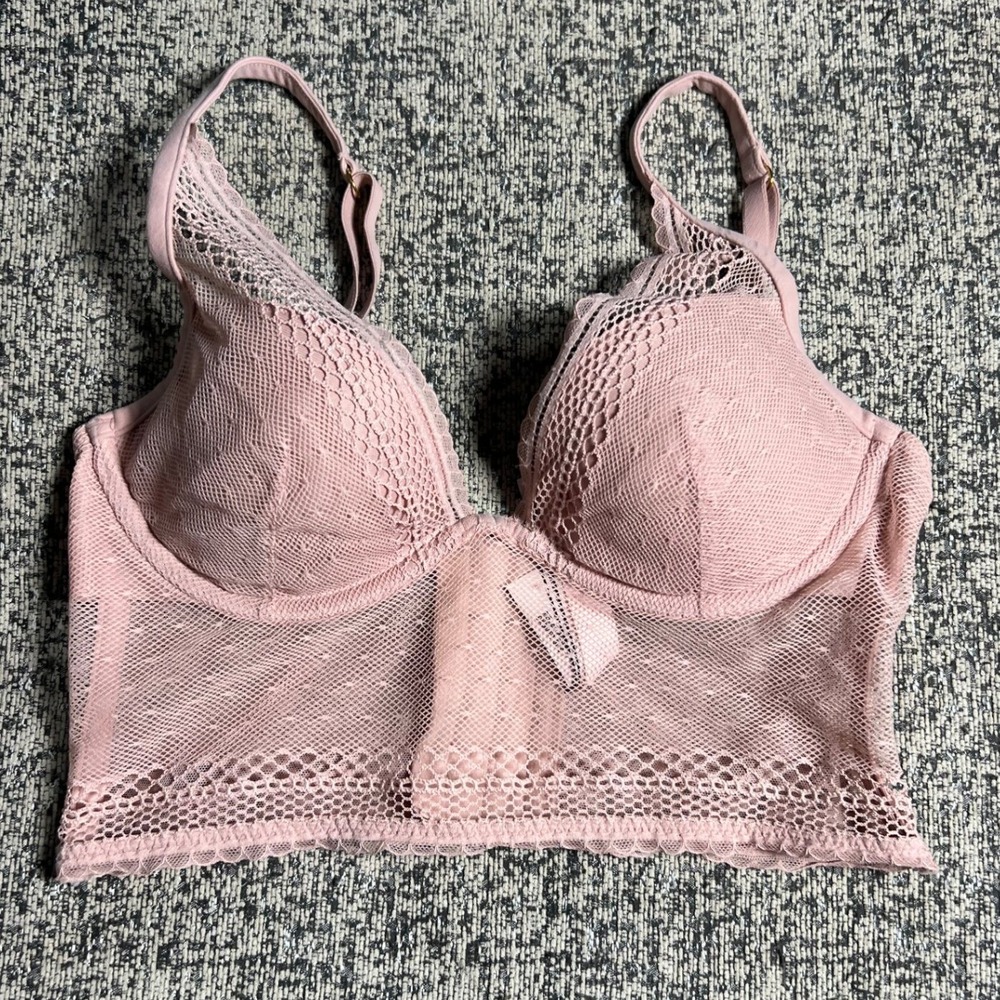 Victoria's Secret Plunge Lace Longline Bra top Pink 32C
